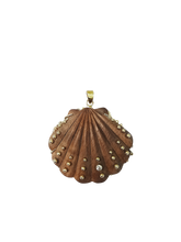 Load image into Gallery viewer, Diamond + Gold Ball Carved Walnut Shell Pendant in carved wood and shell by Christina Puchi