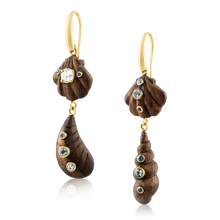 Load image into Gallery viewer, 2-Tiered Wooden Shell Earrings in carved wood and shell by Christina Puchi