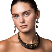 Load image into Gallery viewer, 2-Tiered Wooden Shell Earrings in carved wood and shell by Christina Puchi