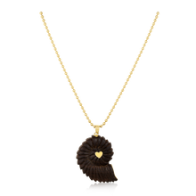 Load image into Gallery viewer, Carved Chestnut Ammonite Shell Pendant in carved wood and shell by Christina Puchi