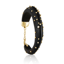 Load image into Gallery viewer, Diamond + Gold Ball Ebony Cuff 2 in carved wood by Christina Puchi