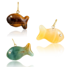 Load image into Gallery viewer, Carved Stone Gold Fish Pendants in carved stone by Christina Puchi