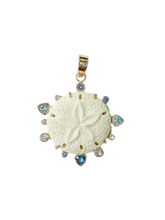 Load image into Gallery viewer, Carved Bone Sand Dollar Aqua Halo Pendant by Christina Puchi
