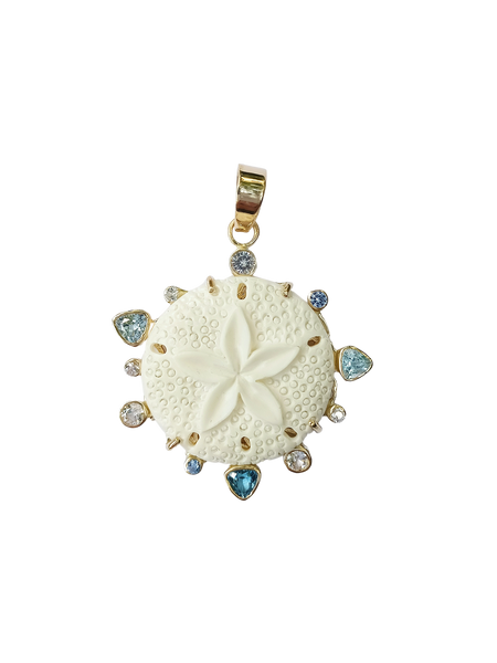 Carved Bone Sand Dollar Aqua Halo Pendant by Christina Puchi