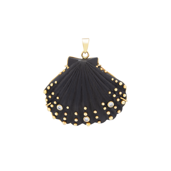 Carved Ebony Scallop Shell 2 Pendant in carved wood and shell by Christina Puchi
