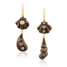 Load image into Gallery viewer, 2-Tiered Wooden Shell Earrings in carved wood and shell by Christina Puchi
