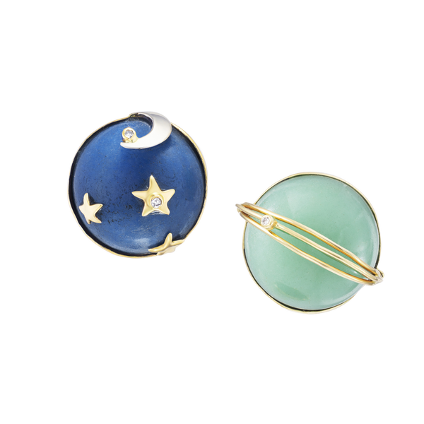 Earth + Saturn Earrings in carved stone by Christina Puchi