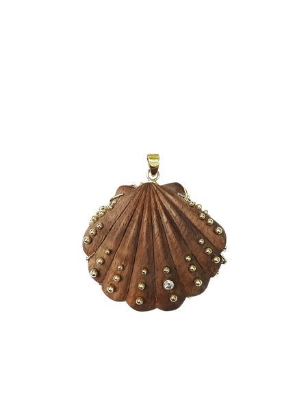 Diamond + Gold Ball Carved Walnut Shell Pendant in carved wood and shell by Christina Puchi