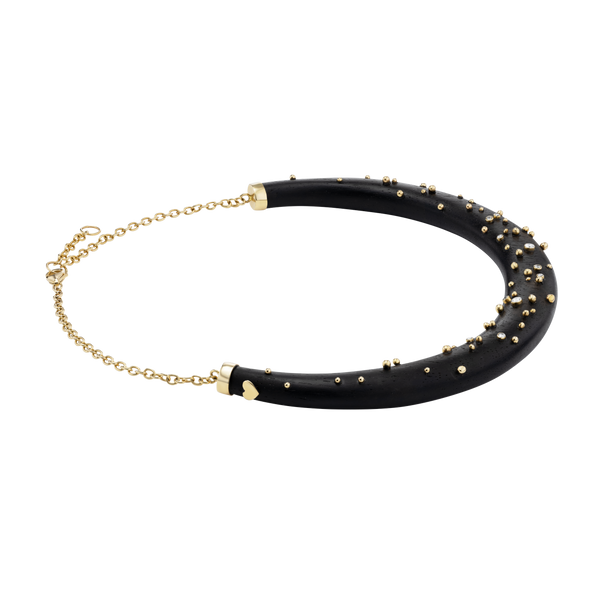 Diamond and Gold Ball Wooden Collar in carved wood by Christina Puchi