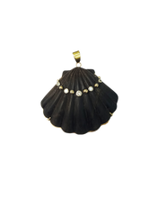 Load image into Gallery viewer, 5 Diamond + Gold Ball Carved Ebony Shell Pendant in carved wood and shell by Christina Puchi
