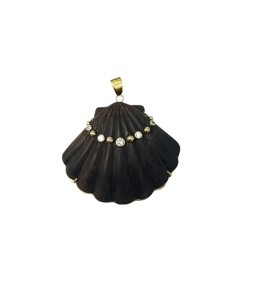 5 Diamond + Gold Ball Carved Ebony Shell Pendant in carved wood and shell by Christina Puchi