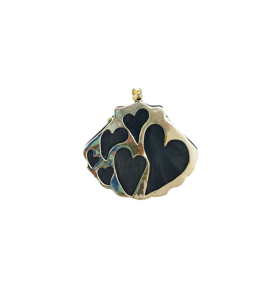 5 Diamond + Gold Ball Carved Ebony Shell Pendant in carved wood and shell by Christina Puchi