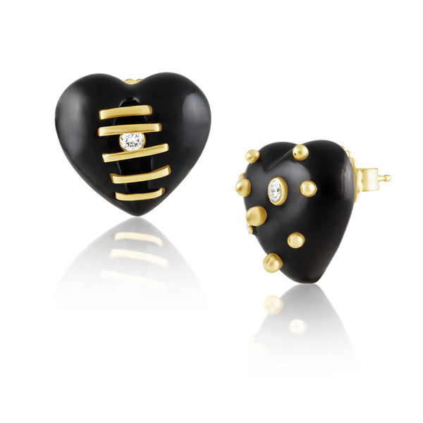 Carved Stone Studded+Stitched Heart Earrings in carved stone by Christina Puchi