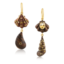 Load image into Gallery viewer, 2-Tiered Wooden Shell Earrings in carved wood and shell by Christina Puchi
