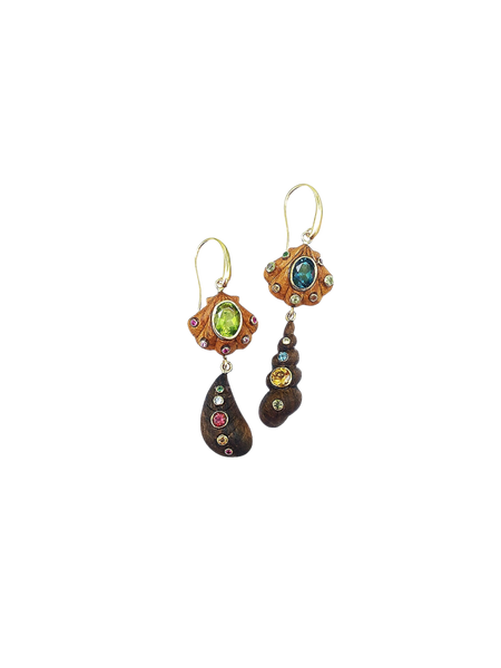 2-Tiered Wooden Shell Earrings in carved wood and shell by Christina Puchi