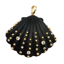 Load image into Gallery viewer, Carved Wood Studded Scallop Shell Pendant
