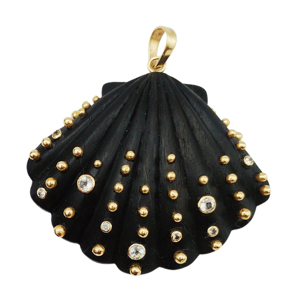 Carved Wood Studded Scallop Shell Pendant