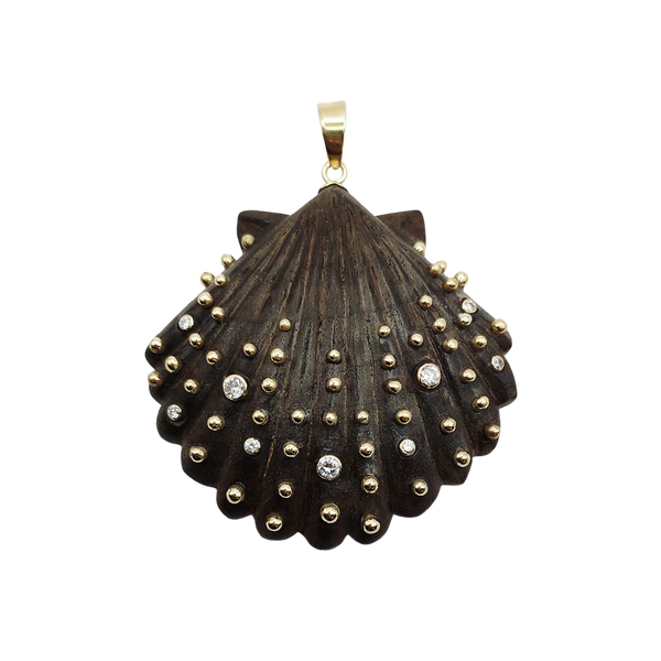 Carved Chestnut Scallop Shell Pendant in shell by Christina Puchi