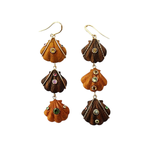 3 Tiered Shell Earrings in carved wood and shell by Christina Puchi