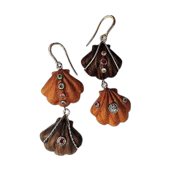 Carved Wood Shell Earrings in carved wood by Christina Puchi