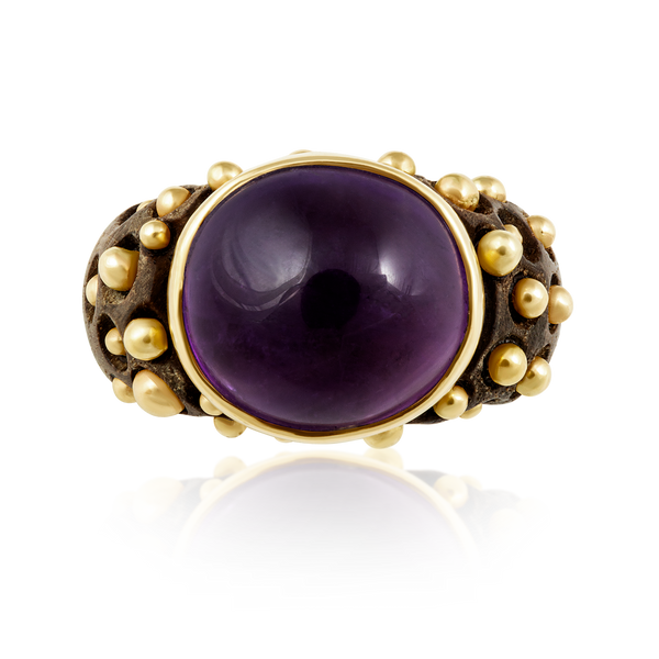 Wooden Amethyst Ring in carved wood and shell by Christina Puchi