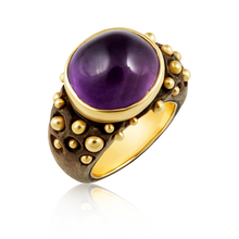 Load image into Gallery viewer, Wooden Amethyst Ring in carved wood and shell by Christina Puchi
