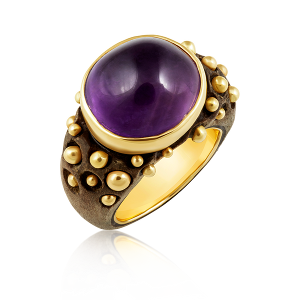 Wooden Amethyst Ring in carved wood and shell by Christina Puchi