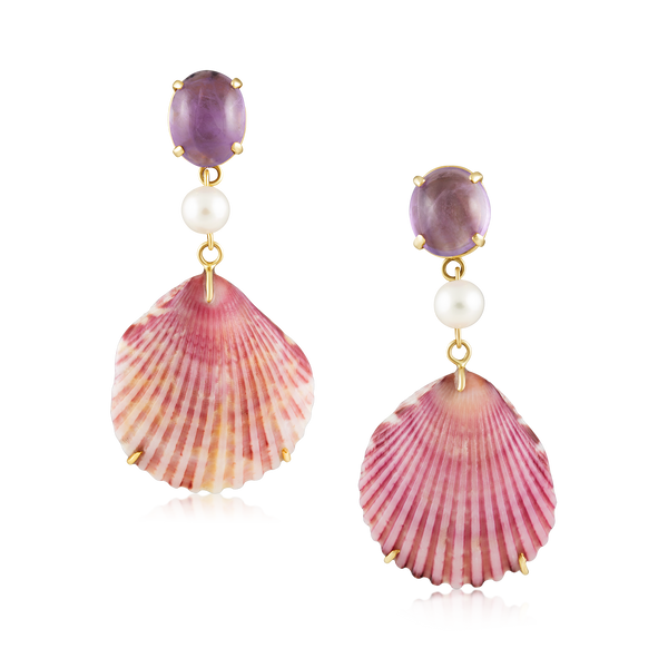 Amethyst, Pearl + Shell Earrings in shell by Christina Puchi