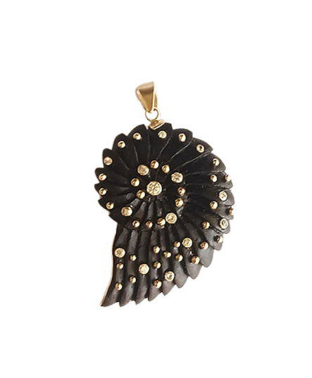 Carved Ebony Ammonite Pendant in carved wood and shell by Christina Puchi