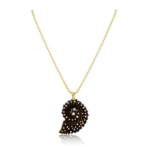 Carved Chestnut Ammonite Shell Pendant in carved wood and shell by Christina Puchi