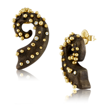 Load image into Gallery viewer, Carved Walnut Spiral Earrings in carved wood by Christina Puchi
