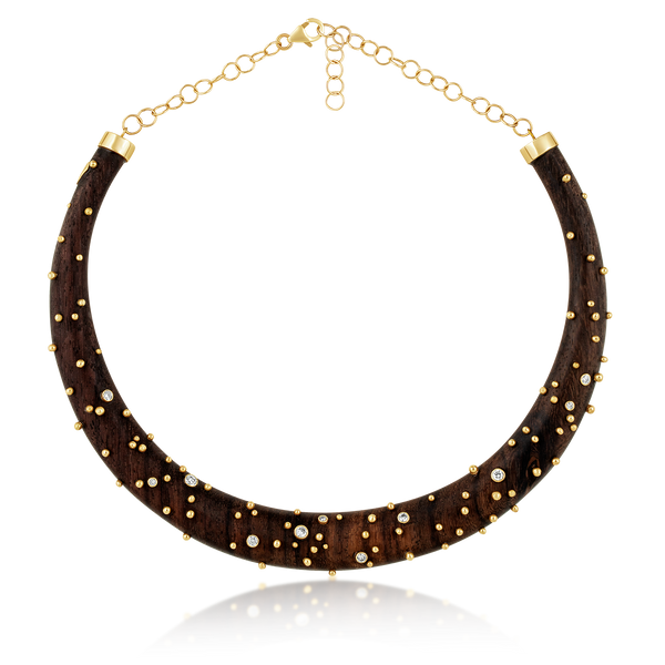 Diamond and Gold Ball Wooden Collar in carved wood by Christina Puchi