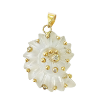 Load image into Gallery viewer, Carved Stone Ammonite Pendants in carved stone and shell by Christina Puchi
