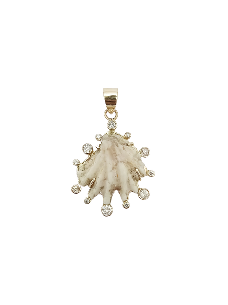 White Kitten's Paw Diamond Halo Pendant in shell by Christina Puchi