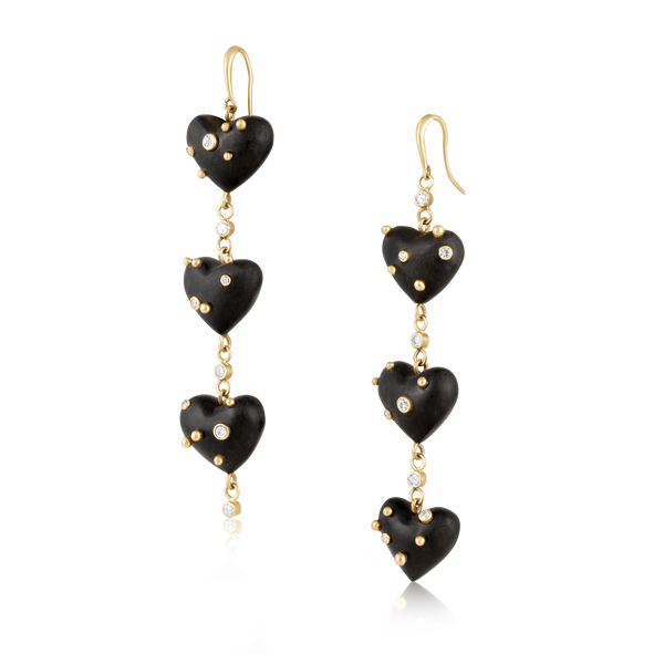 Diamond + Gold Ebony Heart Earrings in carved wood by Christina Puchi