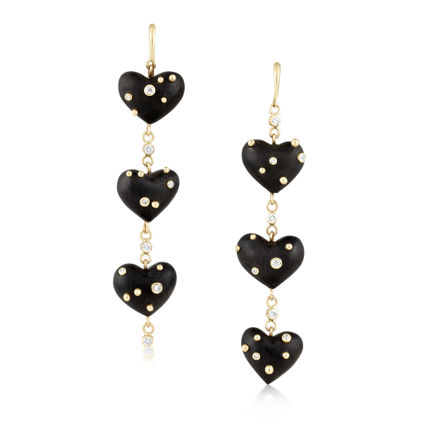Diamond + Gold Ebony Heart Earrings in carved wood by Christina Puchi