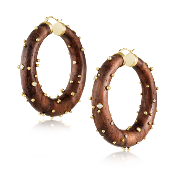 Large Walnut Hoop Earrings in carved wood by Christina Puchi