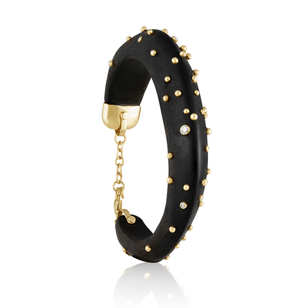 Diamond + Gold Ball Ebony Cuff 2 in carved wood by Christina Puchi