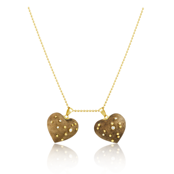 Walnut Studded Heart Pendant in carved wood by Christina Puchi