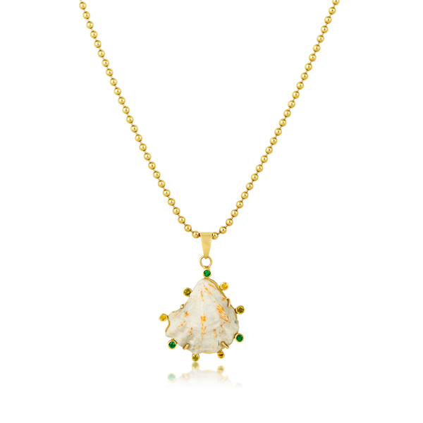 White Kitten Paw Green Halo Pendant in shell by Christina Puchi