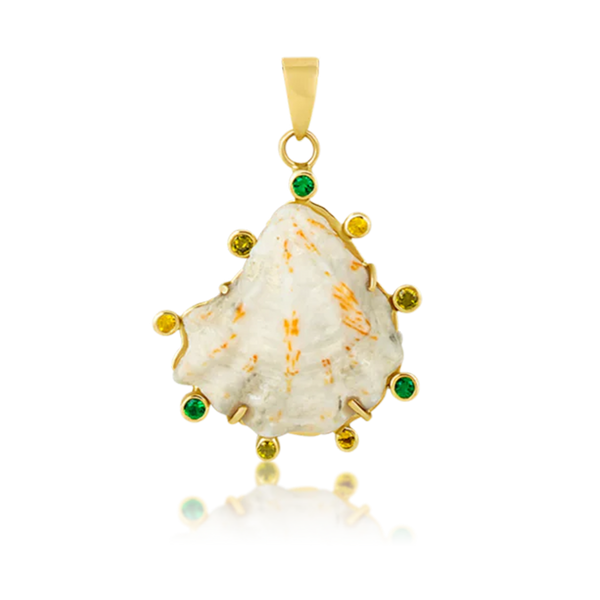 White Kitten Paw Green Halo Pendant in shell by Christina Puchi