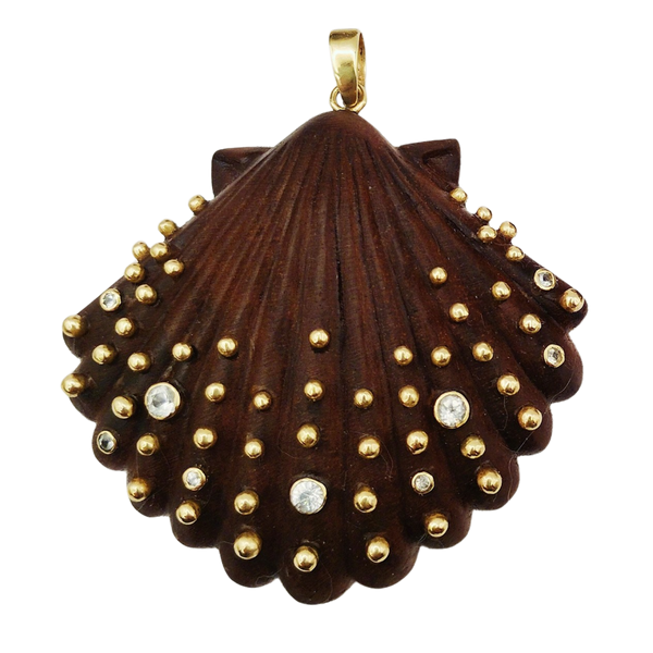 Carved Wood Studded Scallop Shell Pendant