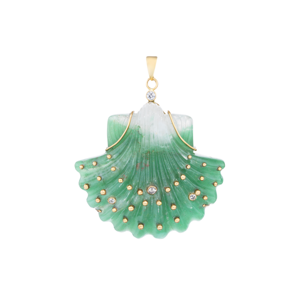 Carved Green Jade Shell Pendant in carved stone and shell by Christina Puchi