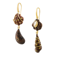 Load image into Gallery viewer, 2-Tiered Wooden Shell Earrings in carved wood and shell by Christina Puchi
