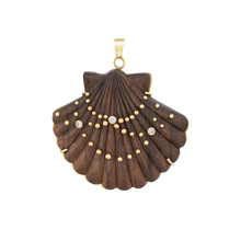 Load image into Gallery viewer, Carved Wood Scallop Shell Pendant in carved wood and shell by Christina Puchi
