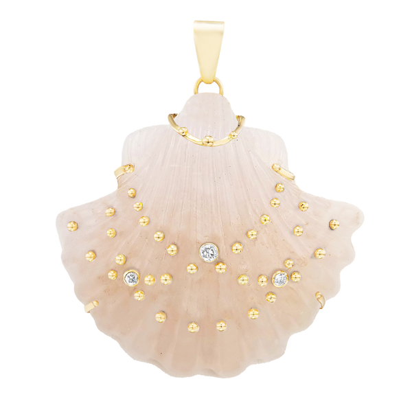 Carved Rose Quartz Shell Pendant in carved stone and shell by Christina Puchi