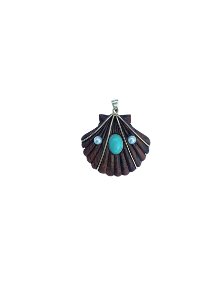 Wooden Shell with Turquoise Pendant in shell by Christina Puchi