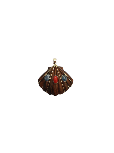 Wooden Shell with Coral and Sapphires Pendant in shell by Christina Puchi