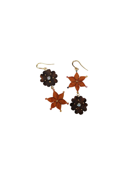 2 Tiered Flower Earrings in carved wood by Christina Puchi
