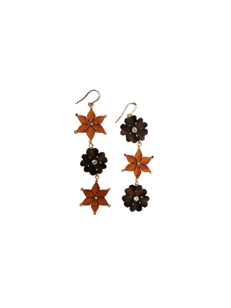 3 Tiered Flower Earrings in carved wood by Christina Puchi